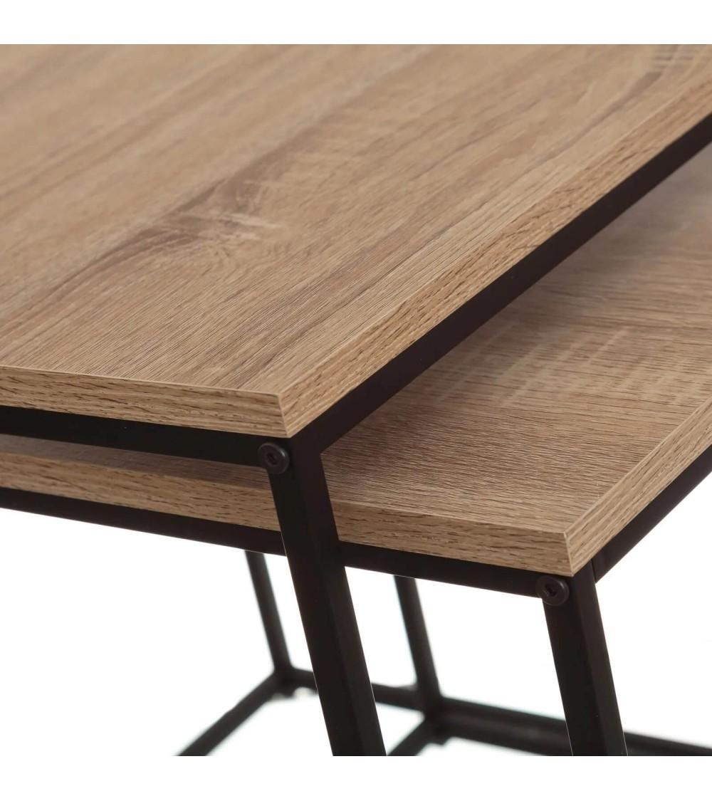 Dcasa Set De 2 Mesitas Nido Cubo De Metal Y Madera Natural
