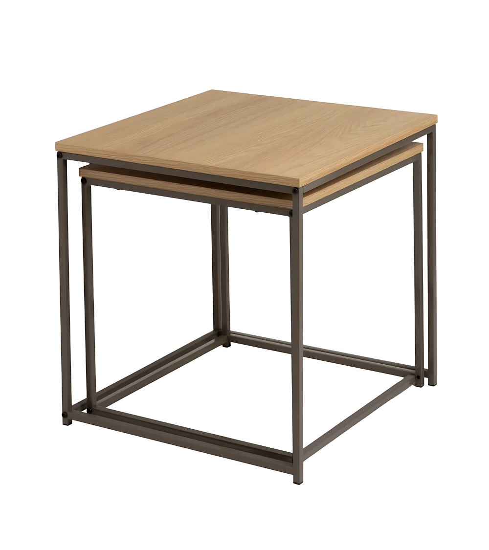 Dcasa Set De 2 Mesitas Nido Cubo De Metal Y Madera Natural