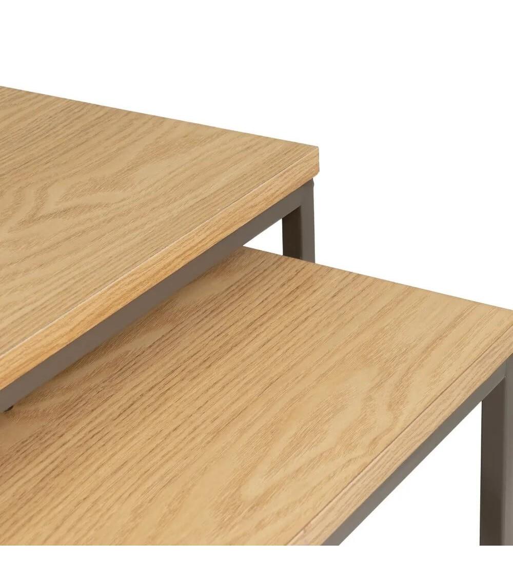 Dcasa Set De 2 Mesitas Nido Cubo De Metal Y Madera Natural