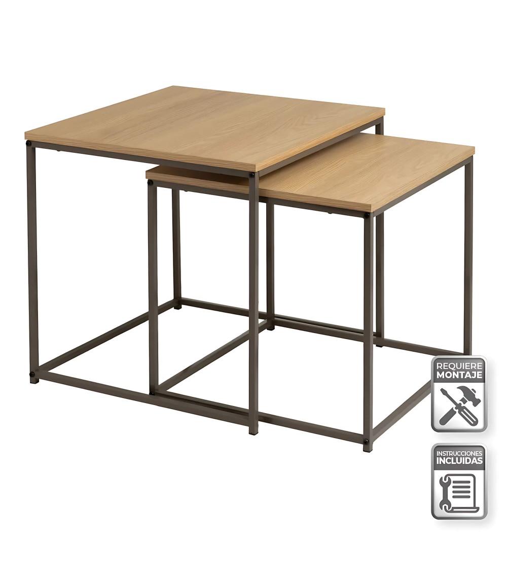 Dcasa Set de 2 mesitas nido cubo de metal y madera natural