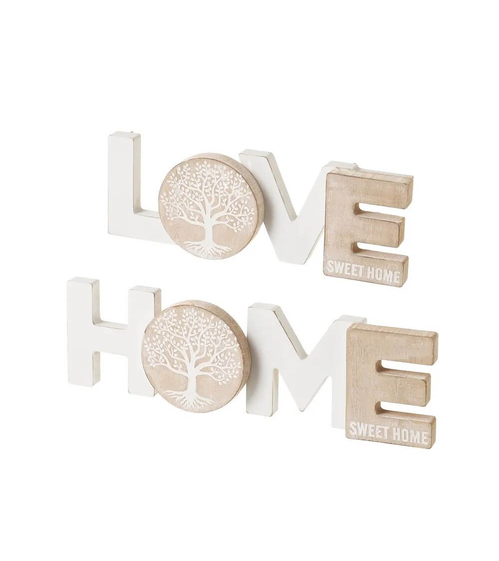Dcasa Set de 2 murales Home y Love de madera en blanco y natural de 30x8 cm