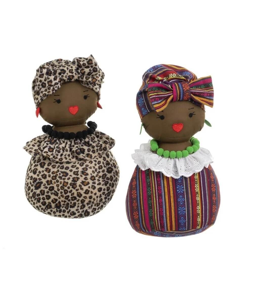 Dcasa Set De 2 Topes De Puerta De Africanas De Tela Y Gravilla Marrones De 18x16x32 Cm