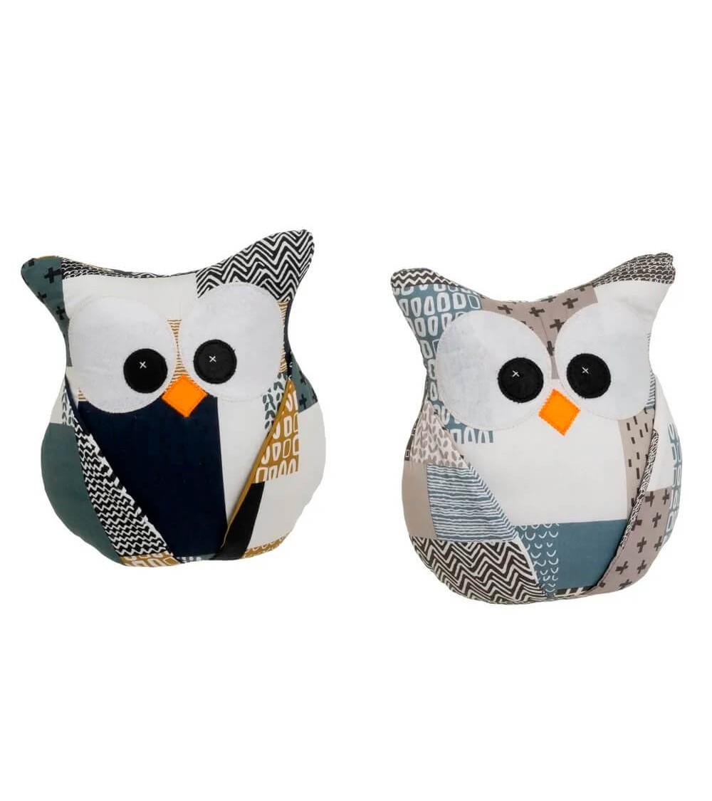 Dcasa Set de 2 topes de puerta de búhos de tela patchwork y gravilla azul y blanco de 20x13x23 cm