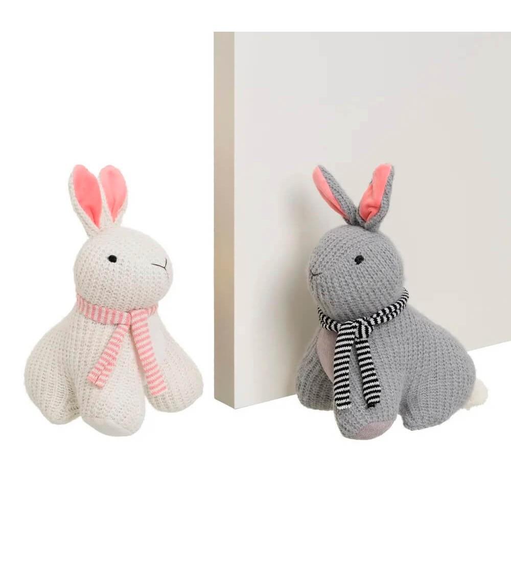 Dcasa Set De 2 Topes De Puerta De Conejos De Tela De Lana Y Gravilla Blanco Y Gris De 24x19x32 Cm