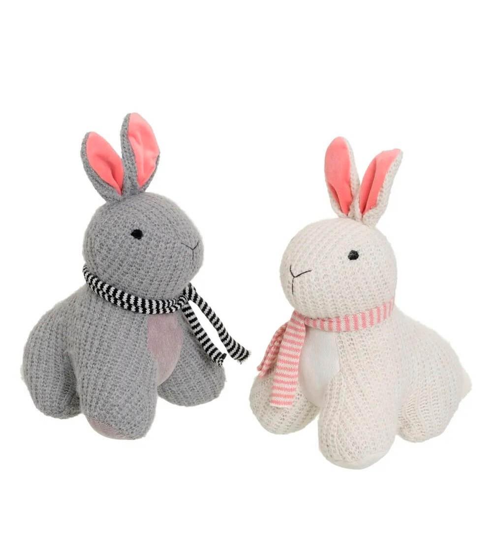 Dcasa Set de 2 topes de puerta de conejos de tela de lana y gravilla blanco y gris de 24x19x32 cm