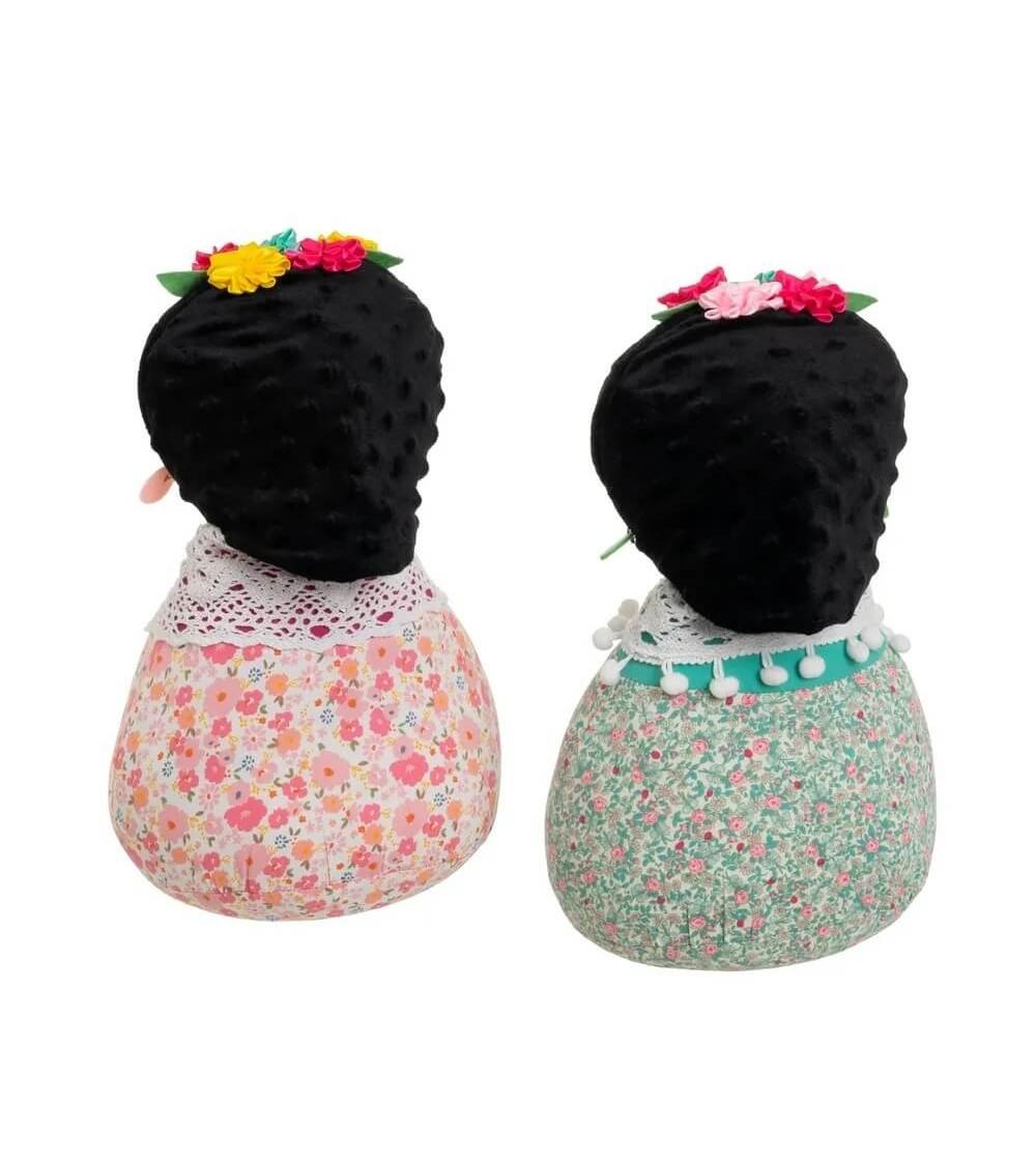 Dcasa Set De 2 Topes De Puerta De Frida De Tela Y Gravilla Rosa Y Verde De 18x16x31 Cm