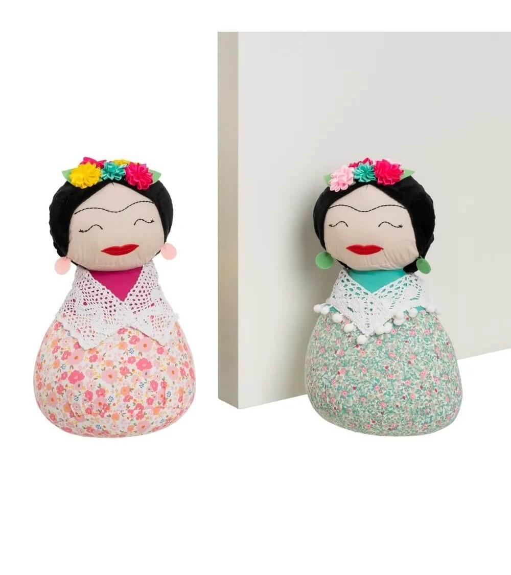 Dcasa Set de 2 topes de puerta de Frida de tela y gravilla rosa y verde de 18x16x31 cm