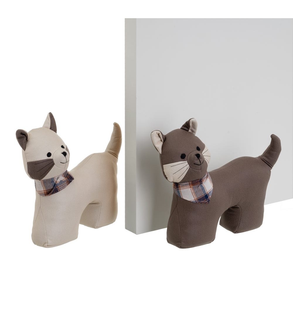 Dcasa Set de 2 topes de puerta de gato de tela y gravilla beige y marron de 29x10x27 cm