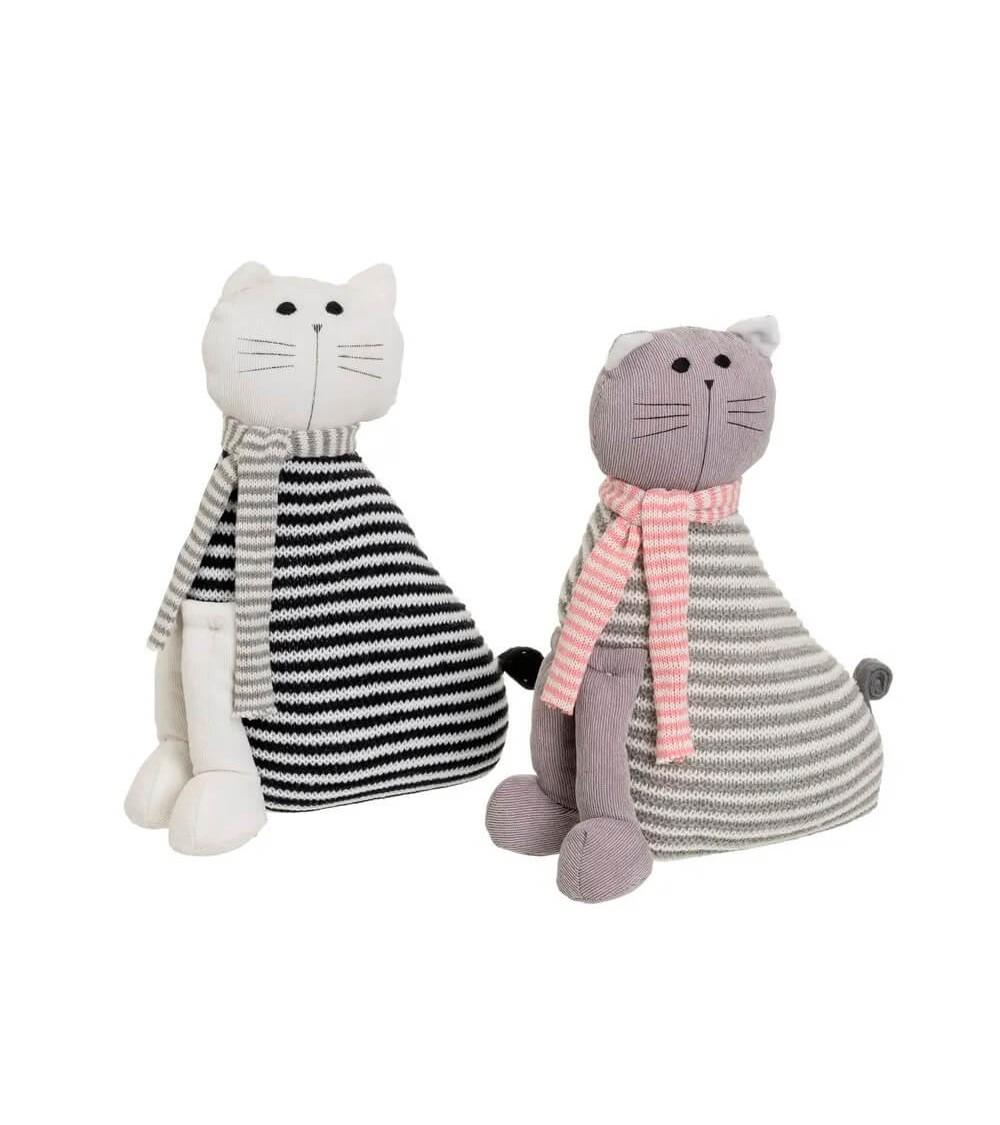 Dcasa Set de 2 topes de puerta de gatos de tela de lana y gravilla blanco y gris de 23x11x29 cm