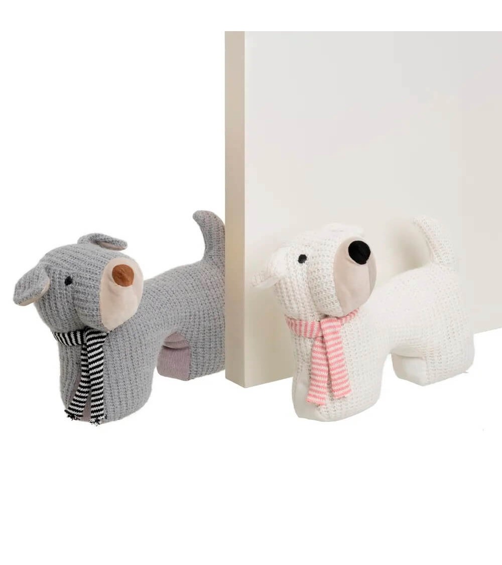 Dcasa Set De 2 Topes De Puerta De Perros De Tela De Lana Y Gravilla Blanco Y Gris De 32x14x23 Cm