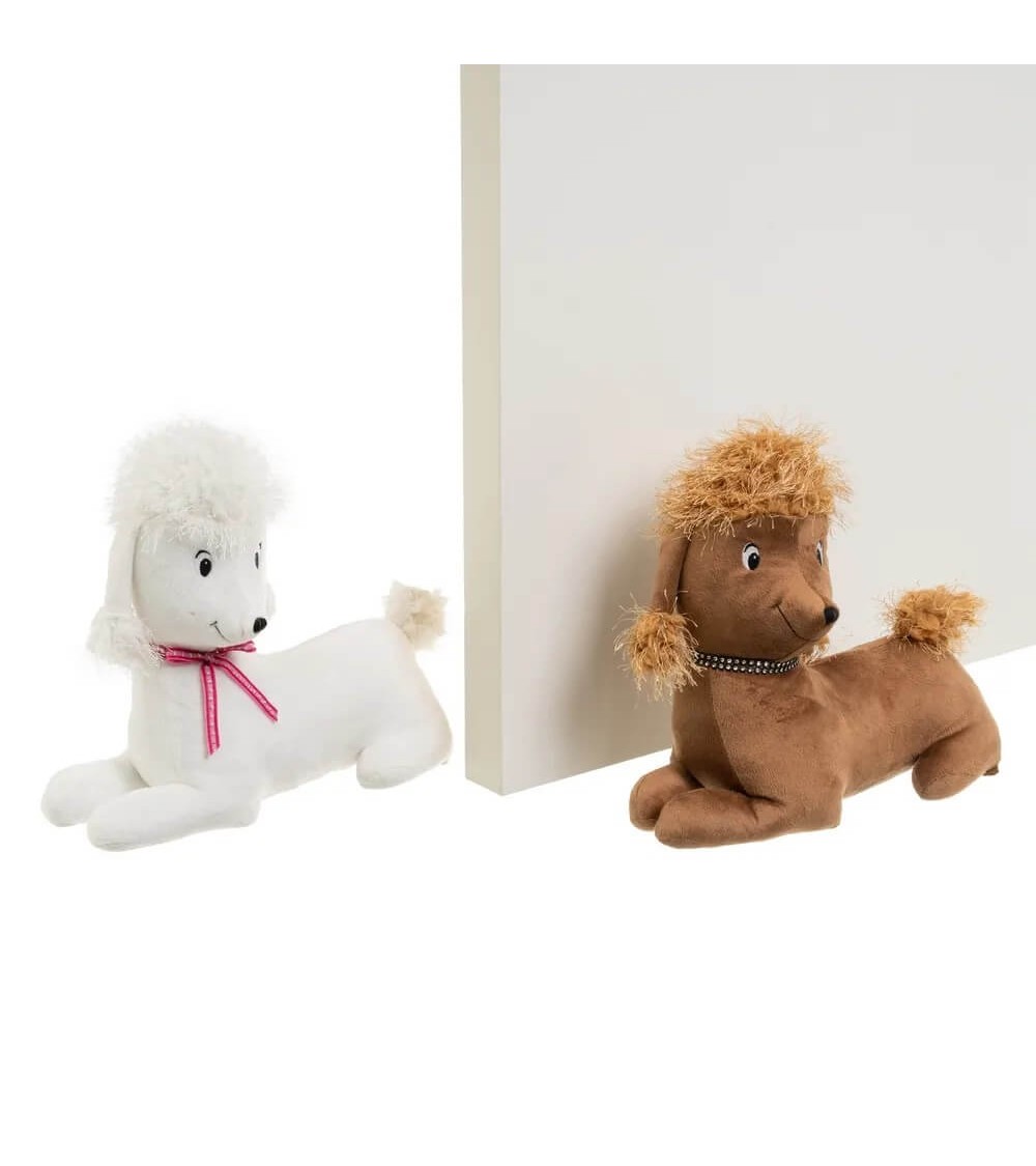 Dcasa Set de 2 topes de puerta de perros de tela de pelo y gravilla blanco y marrón de 32x15x29 cm