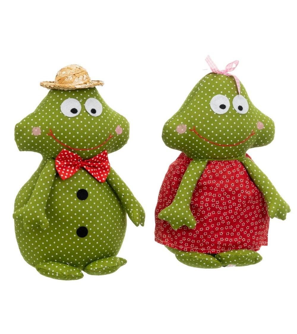 Dcasa Set De 2 Topes De Puerta De Rana Verde Y Rojo De Tela Y Gravilla De 17x12x27 Cm