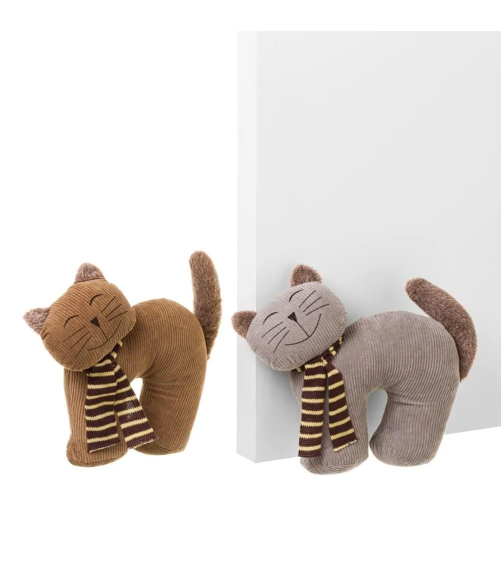 Dcasa Set De 2 Topes De Puerta Gato De Tela Y Gravilla En Marrón Y Beige De 26x9x26 Cm