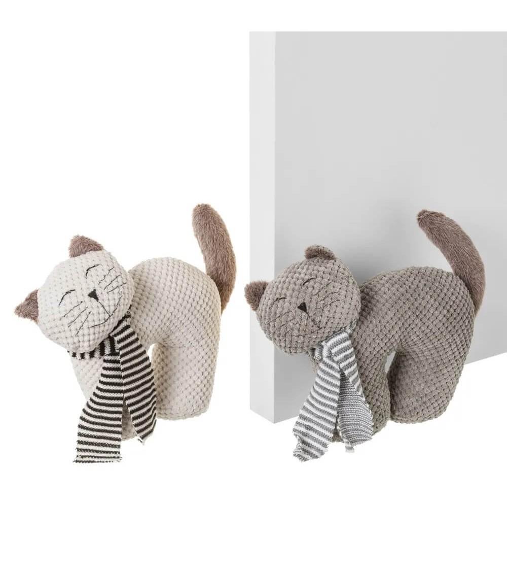 Dcasa Set De 2 Topes De Puerta Gato De Tela Y Gravilla En Blanco Y Gris De 30x9x25 Cm