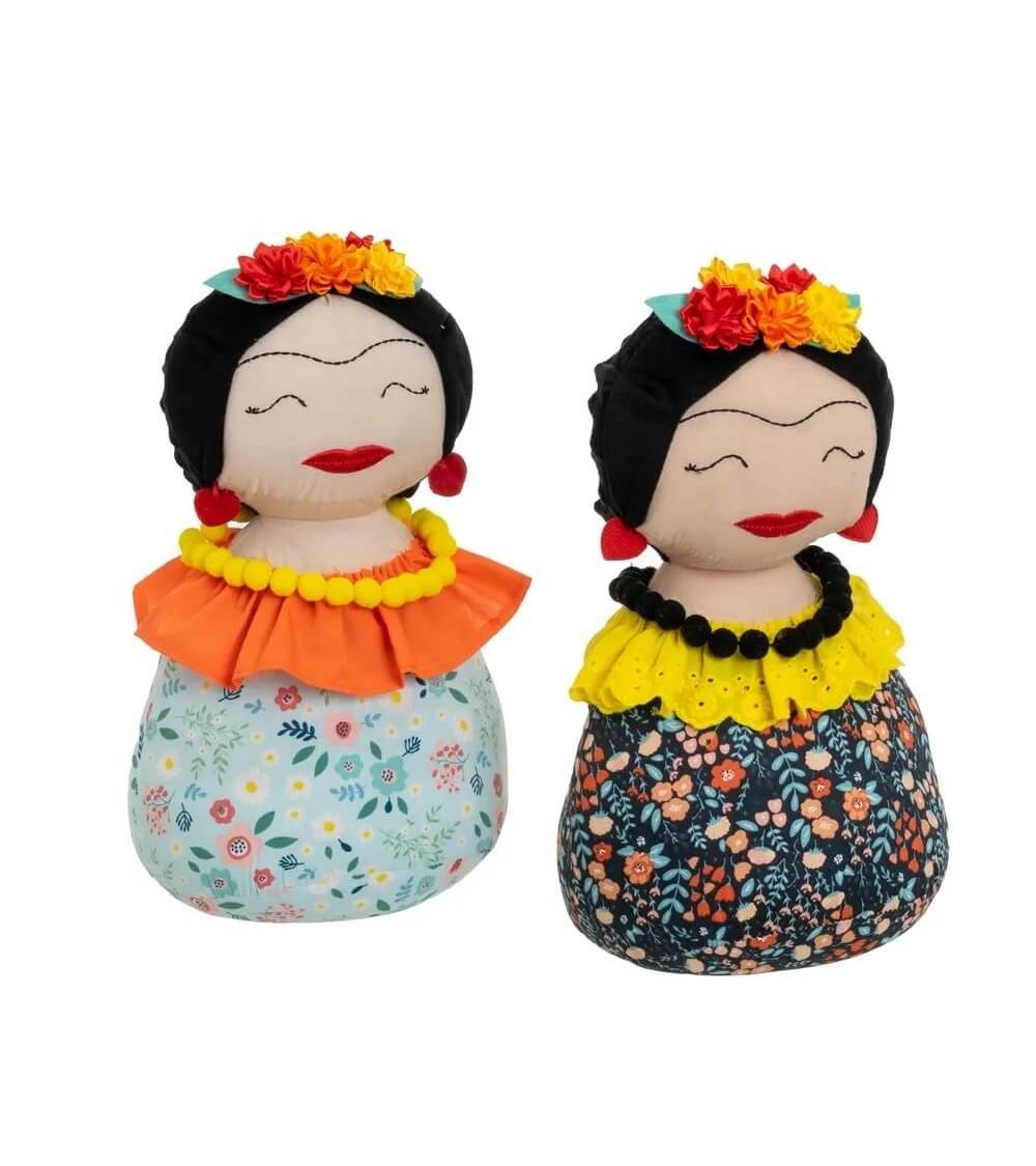 Dcasa Set de 2 topes de puerta Mejicana de tela y gravilla azul y naranja de 18x16x32 cm