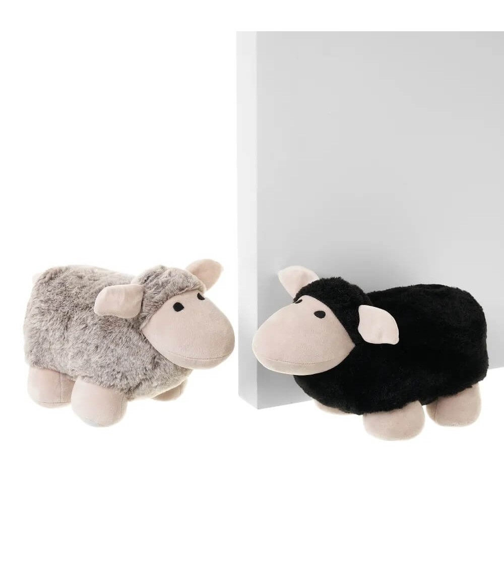 Dcasa Set De 2 Topes De Puerta Oveja De Tela Y Gravilla En Negro Y Gris De 29x14x18 Cm