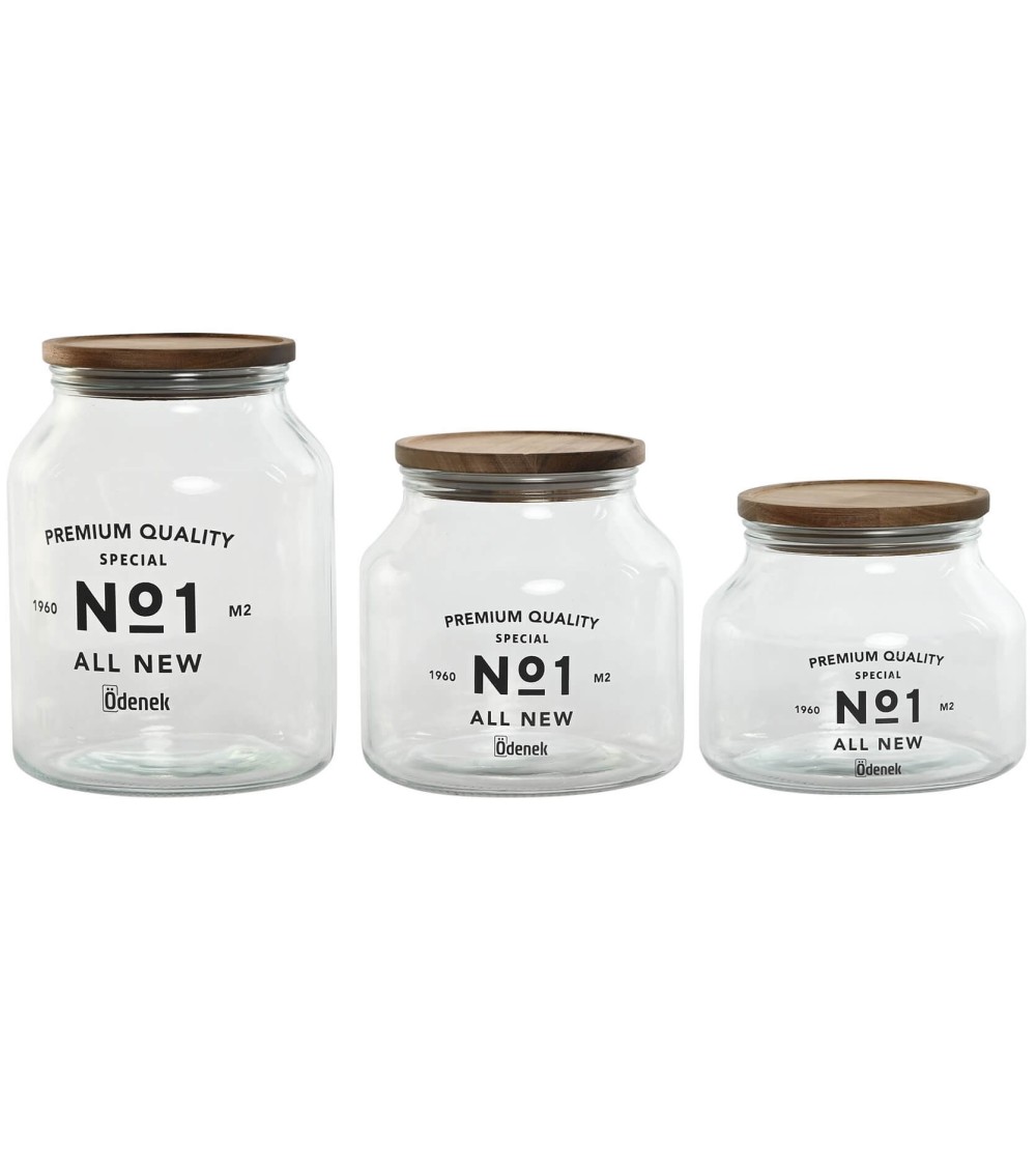 Dcasa Set de 3 botes de cristal transparente con tapa de acacia para cocina