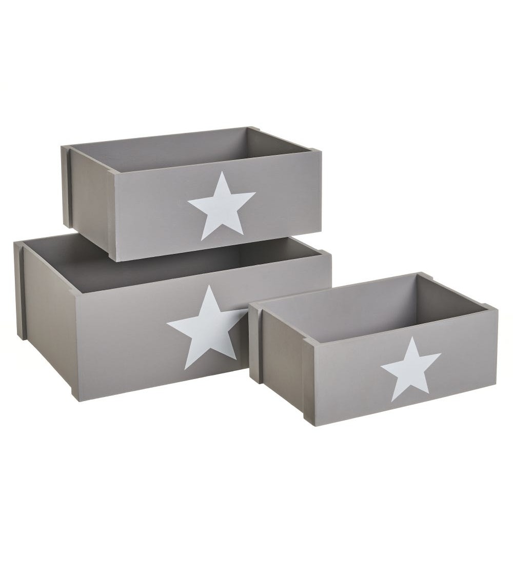 Dcasa Set de 3 caja organizadoras original estrellas de madera gris cajas juguetero