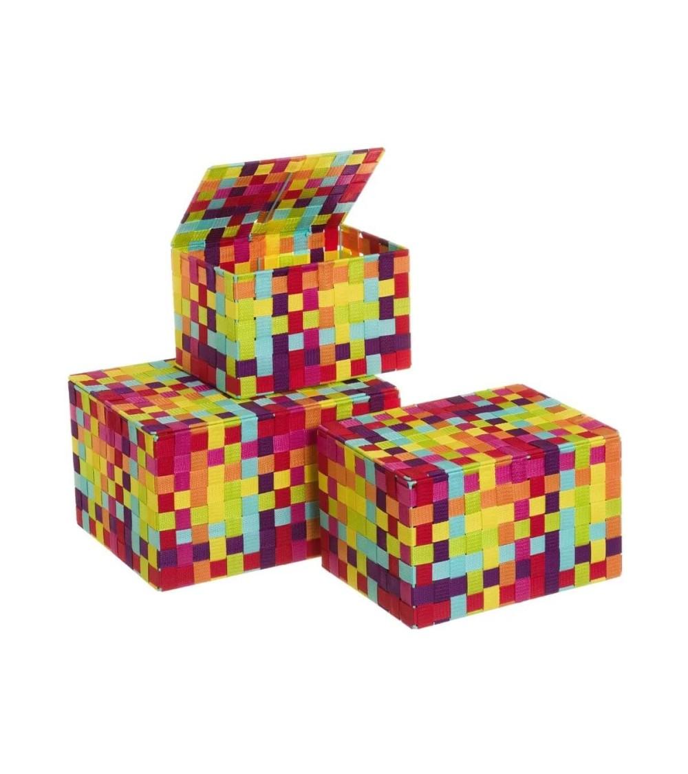 Dcasa Set de 3 cestas trenzadas de polipropileno multicolor con tapa