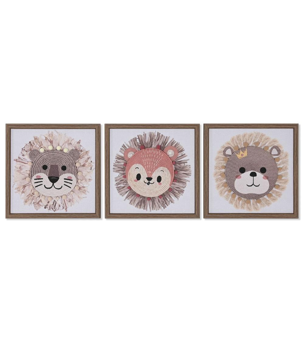 Dcasa Set de 3 cuadro de rafia estilo animal 3D de 30x30 cm