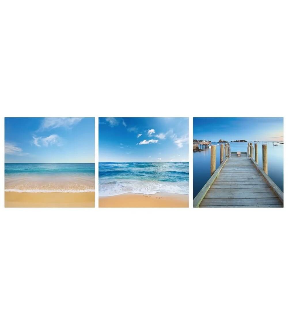 Dcasa Set de 3 cuadros cabeceros de playa fotoimpresos sobre lienzo azules de 50x50 cm