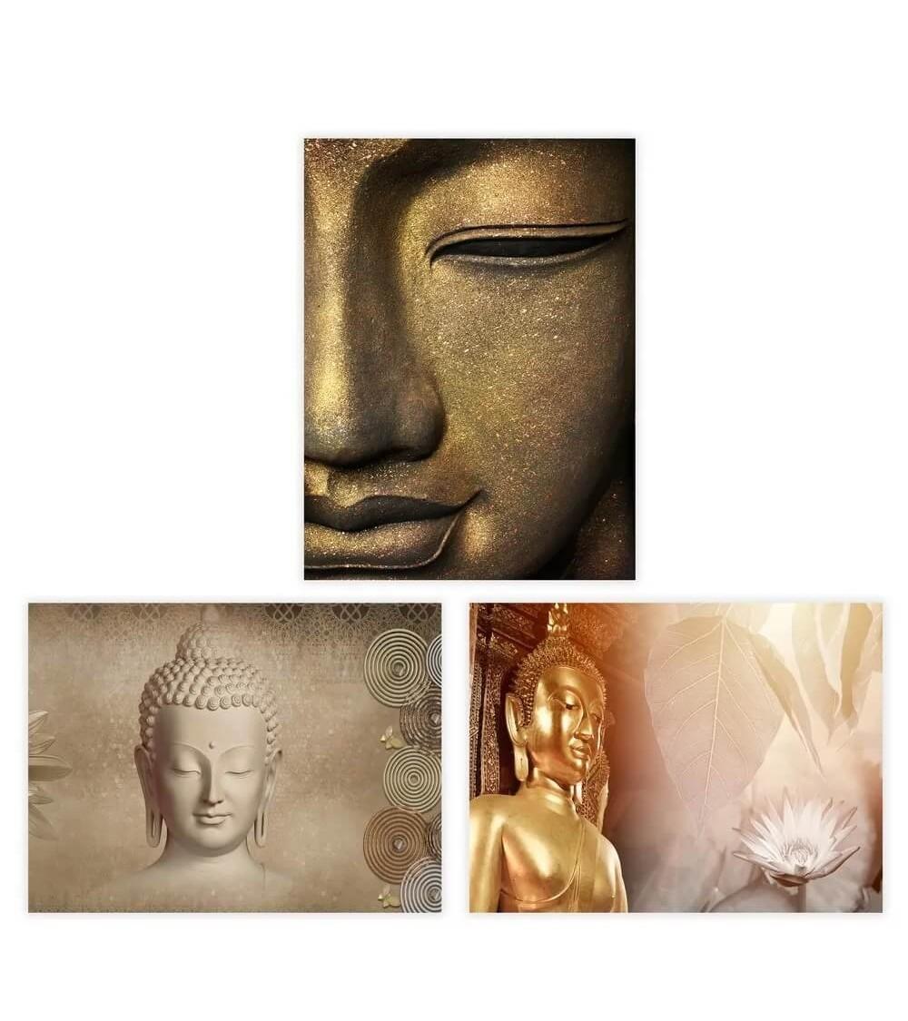 Dcasa Set de 3 cuadros impresión dorados de Buda sobre lienzo de 30x40 cm
