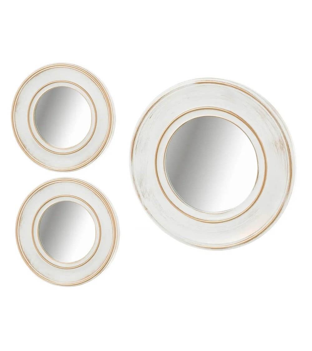 Dcasa Set de 3 espejos envejecidos blancos y dorados con moldura de plástico PP