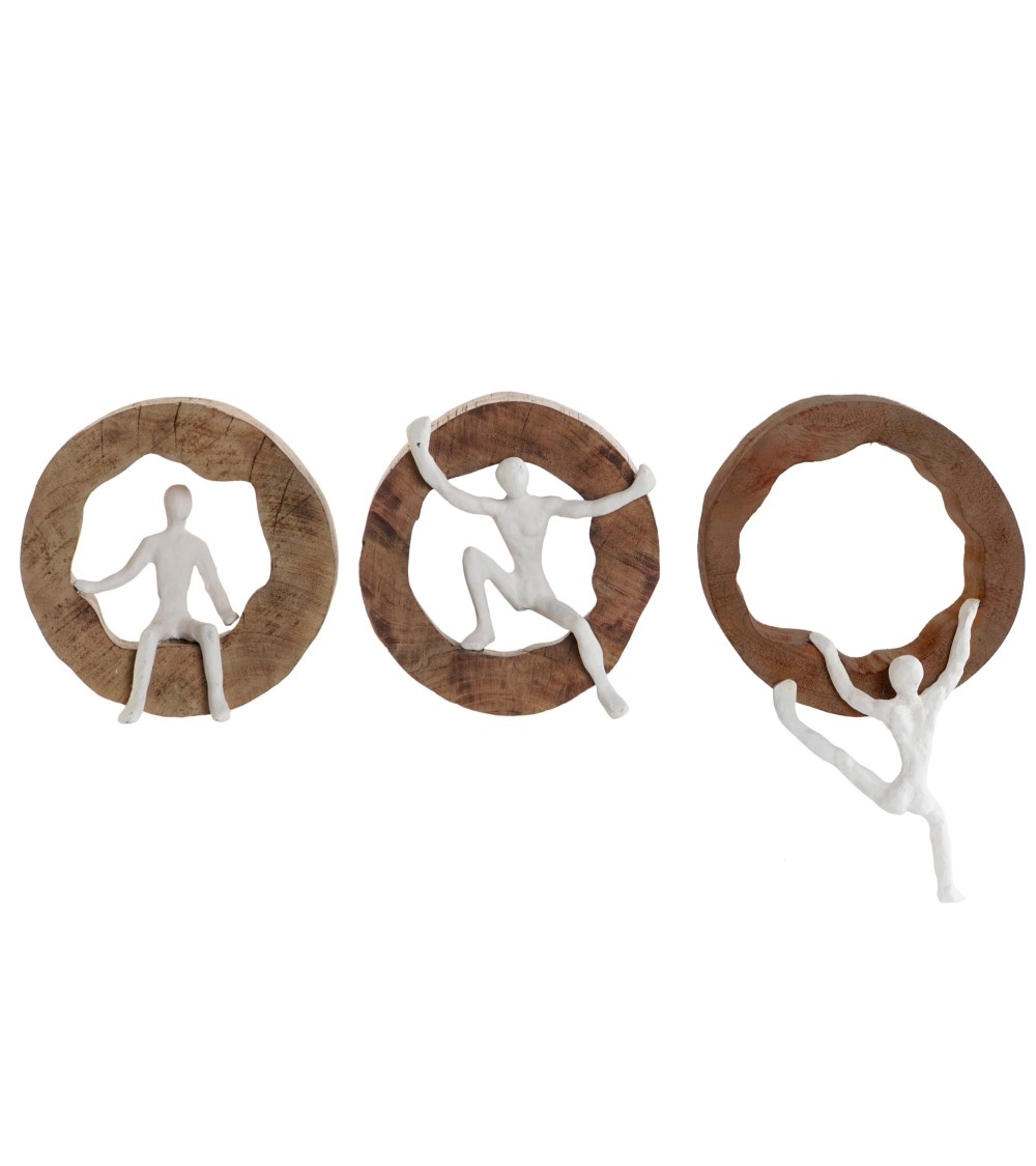 Dcasa Set de 3 Figuras decoracion de pared madera mango personas de aluminio