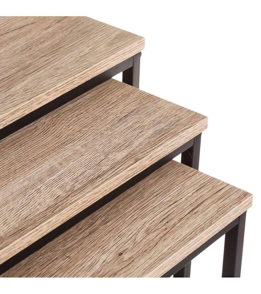 Dcasa Set De 3 Mesas De Centro Nido De Madera Natural Clara Y Metal