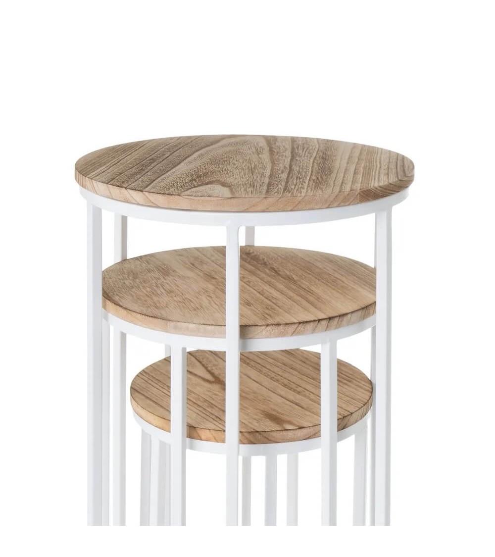 Dcasa Set De 3 Mesitas Nido De Madera Natural Y Metal Blancas