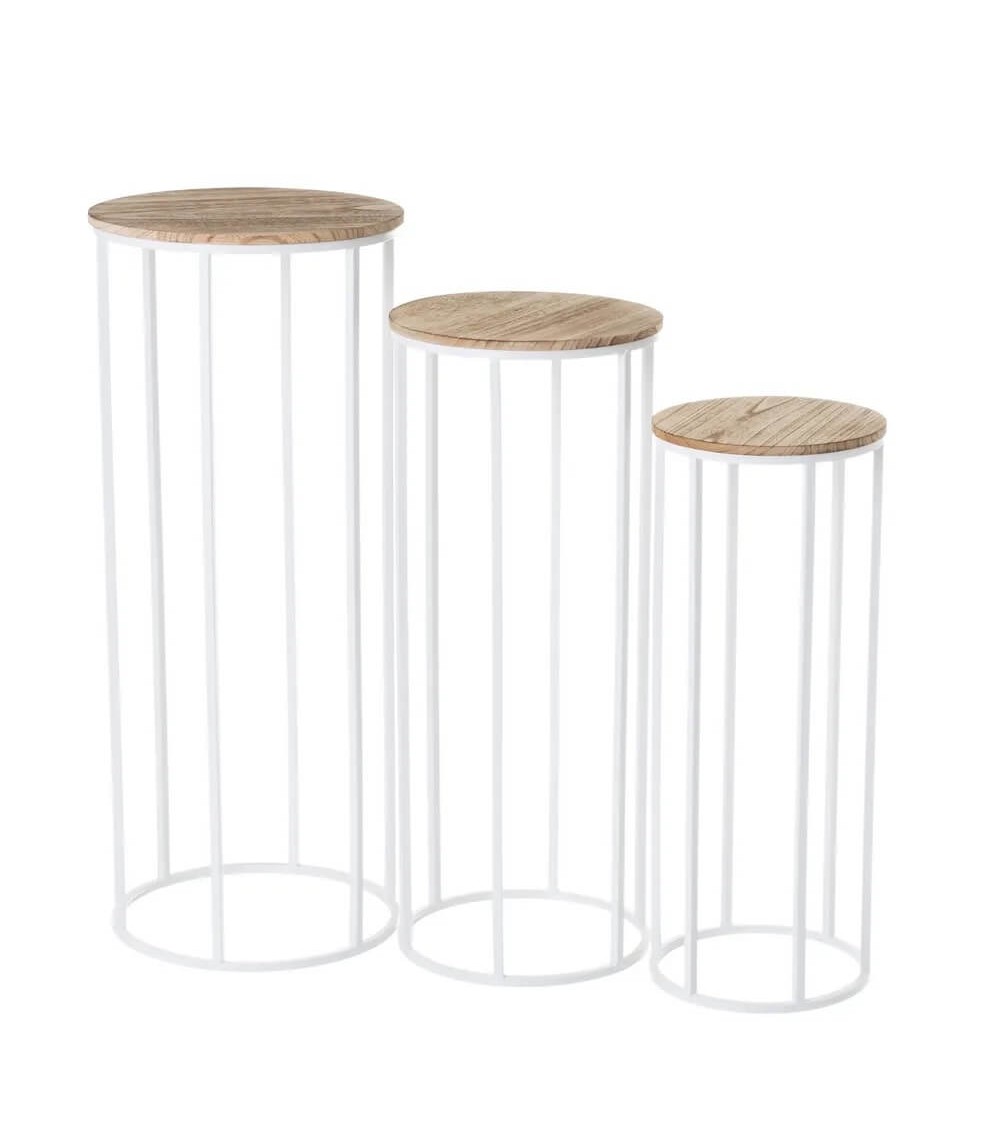 Dcasa Set de 3 mesitas nido de madera natural y metal blancas