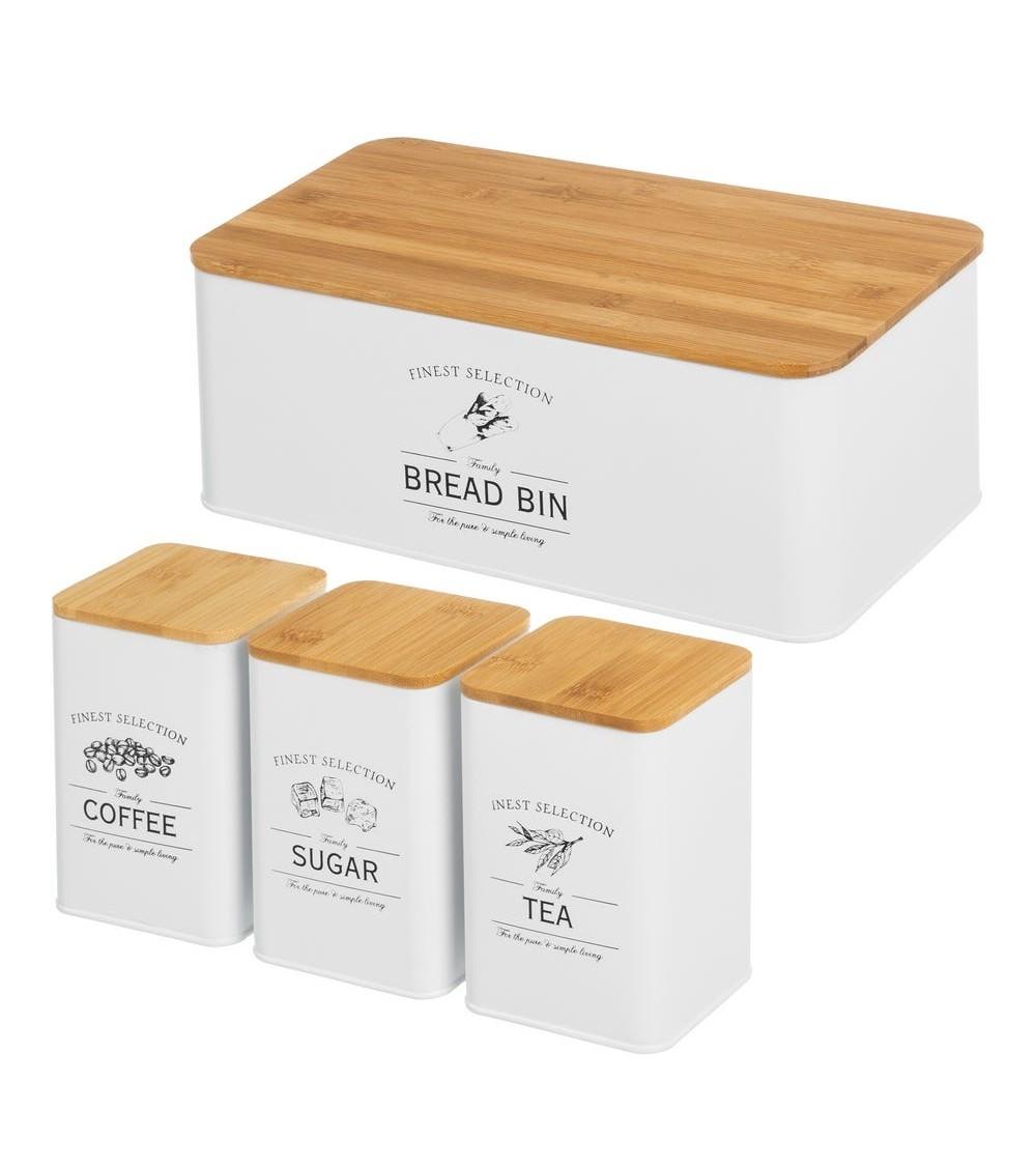 Dcasa Set de 3 tarros y panera de metal con tapa de bambú para cocina vintage