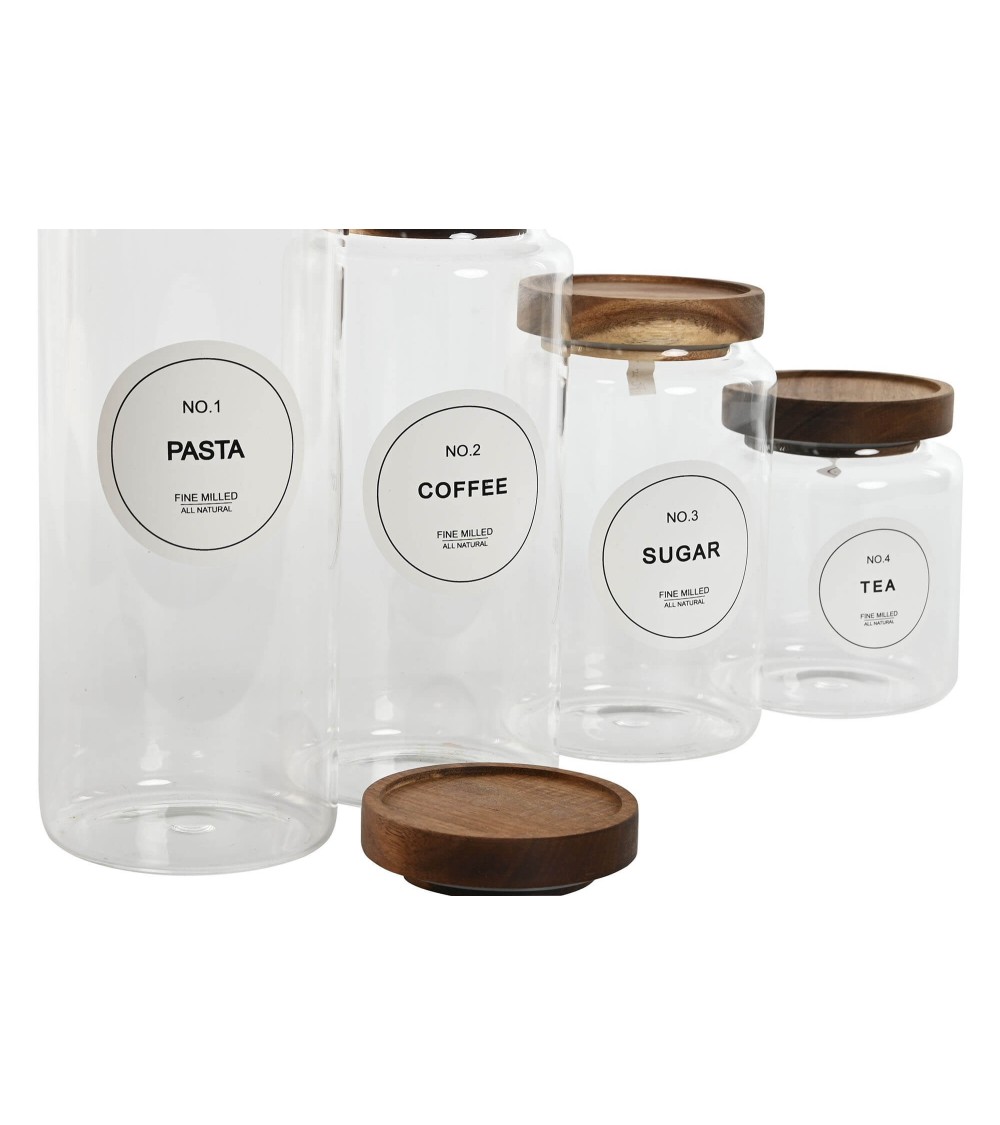 Dcasa Set De 4 Botes De Cristal Transparente Con Tapa De Acacia Para Cocina