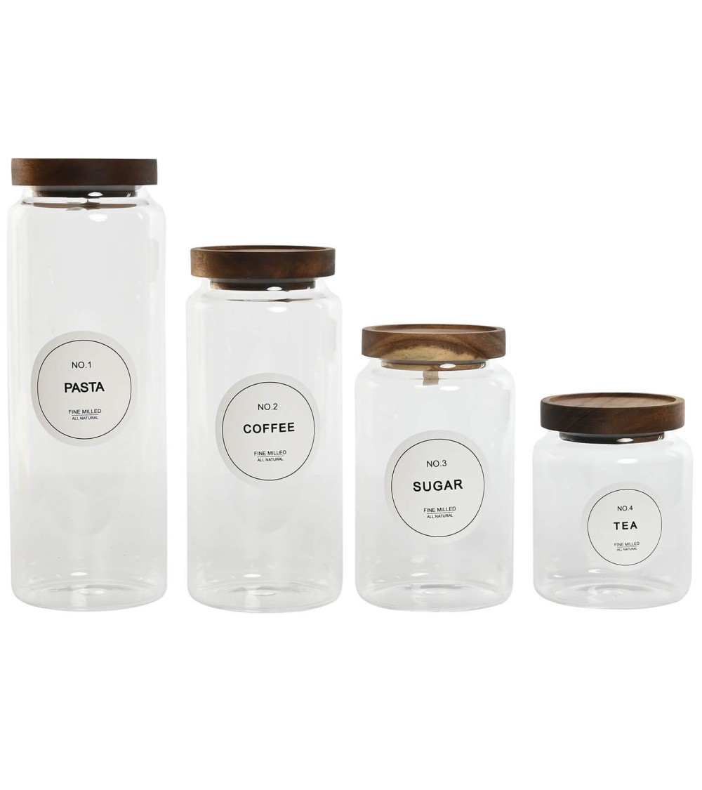 Dcasa Set de 4 botes de cristal transparente con tapa de acacia para cocina