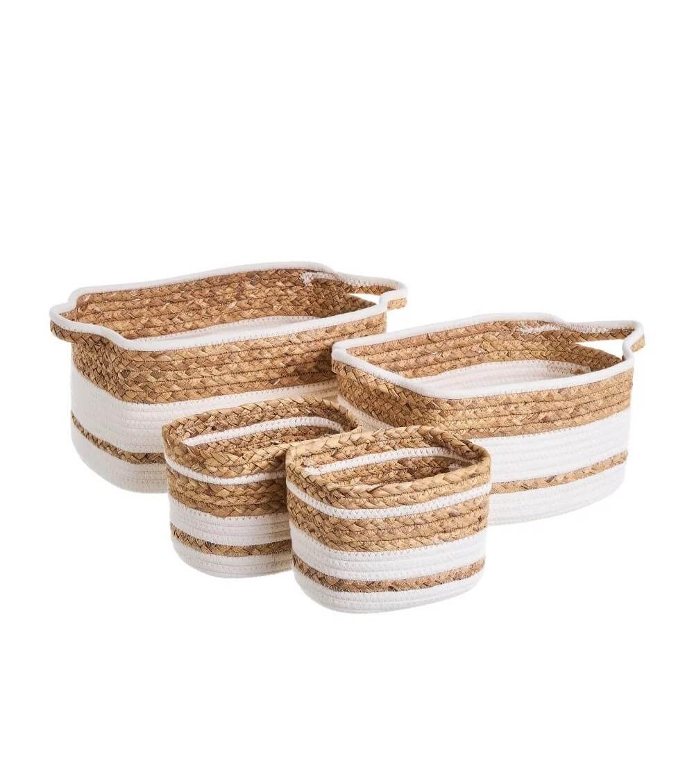 Dcasa Set de 4 cestas trenzadas de algodón y fibra natural blancas y naturales rectangulares