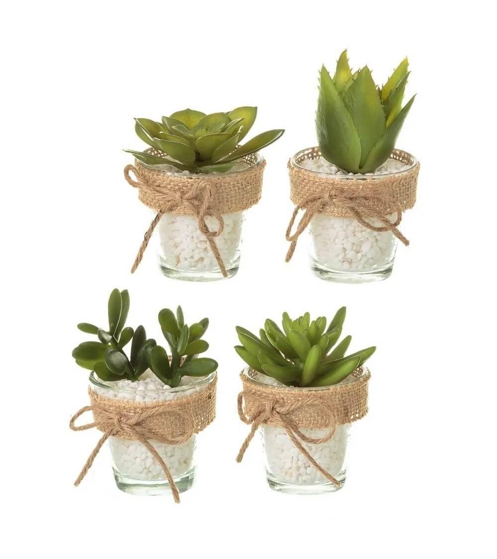 Dcasa Set de 4 plantas artificiales de cactus verdes con maceta de cristal