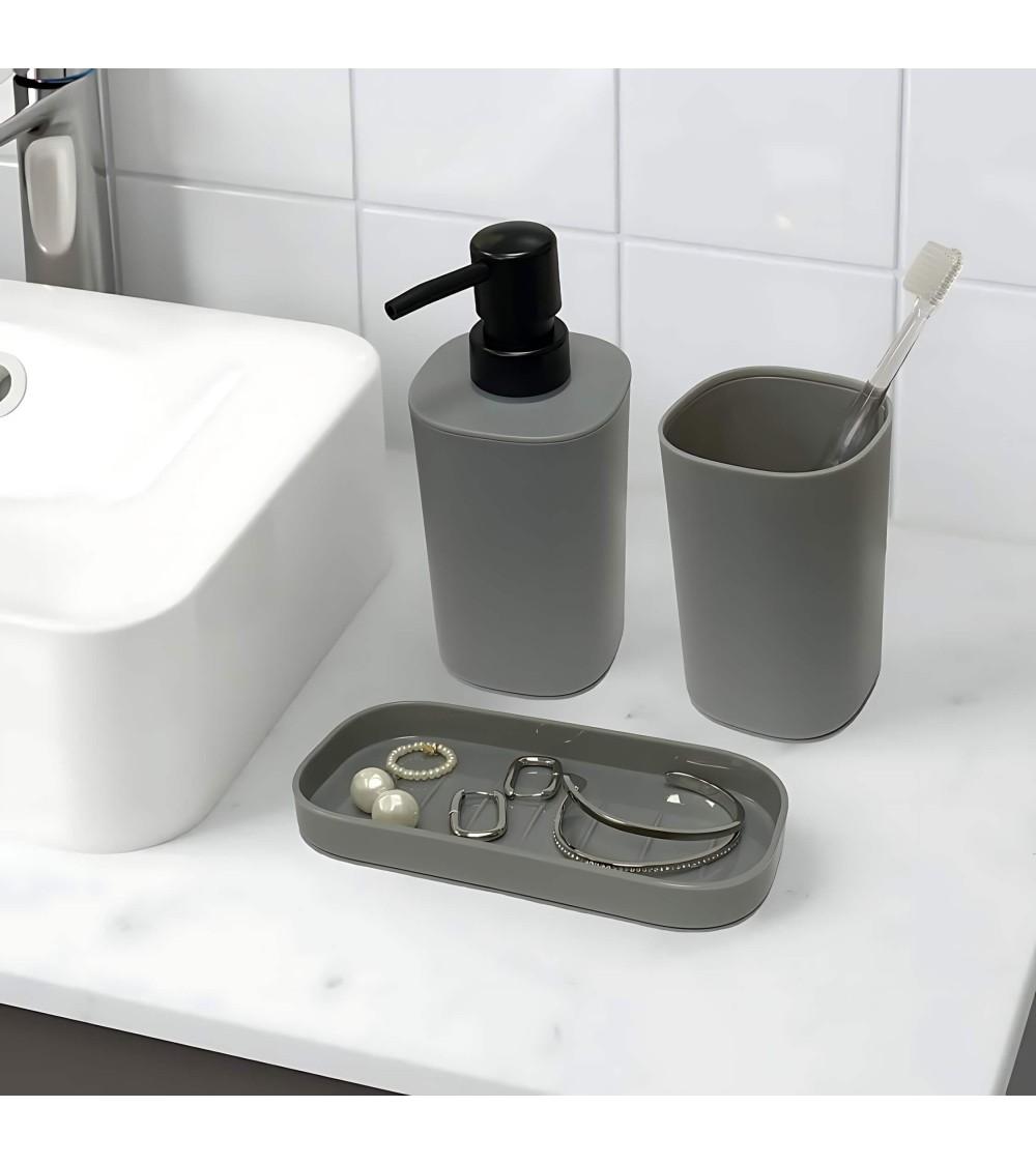 Dcasa Set De Dispensador Jabonera Y Portacepillos De Plástico Gris