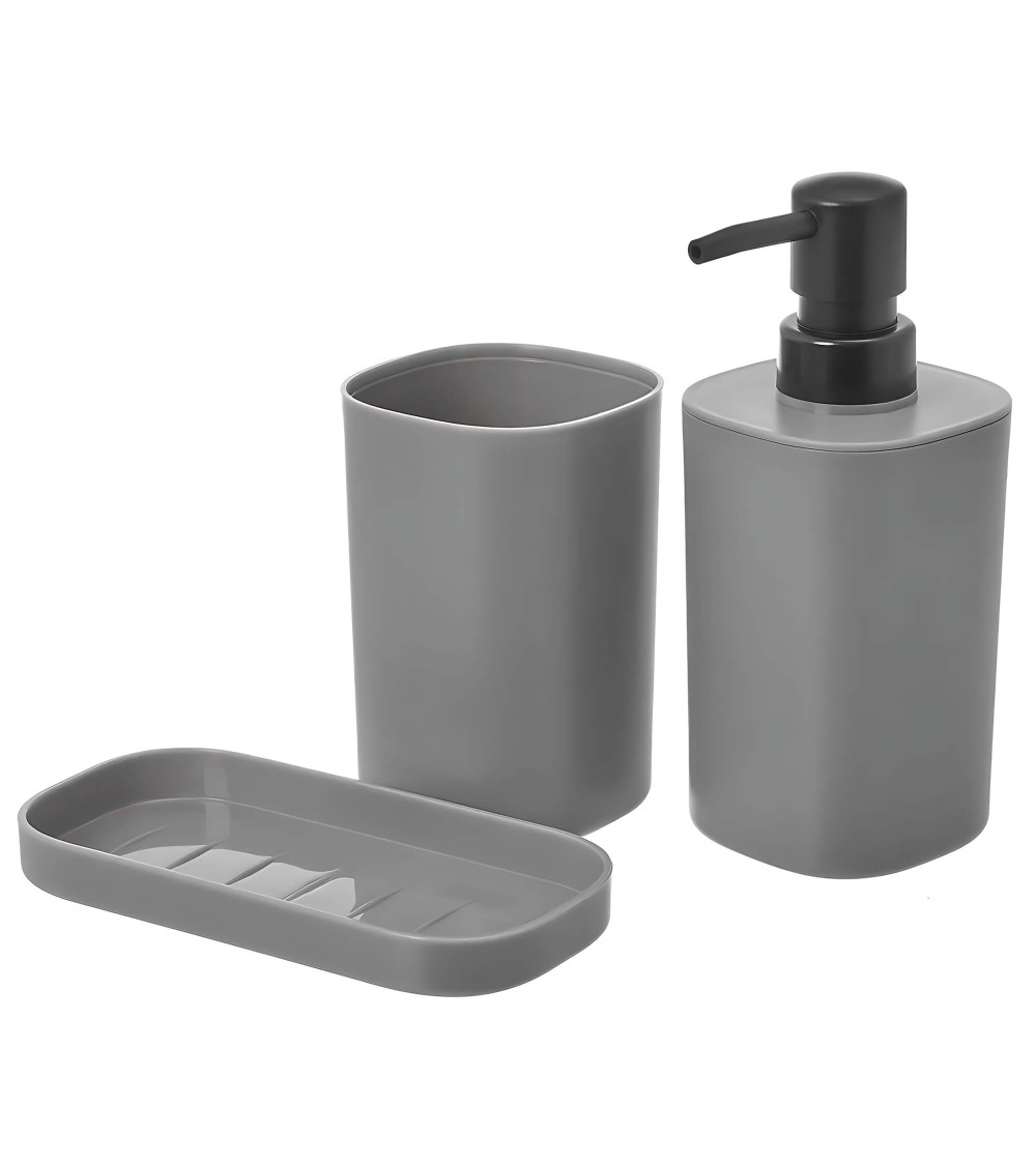 Dcasa Set de dispensador jabonera y portacepillos de plástico gris