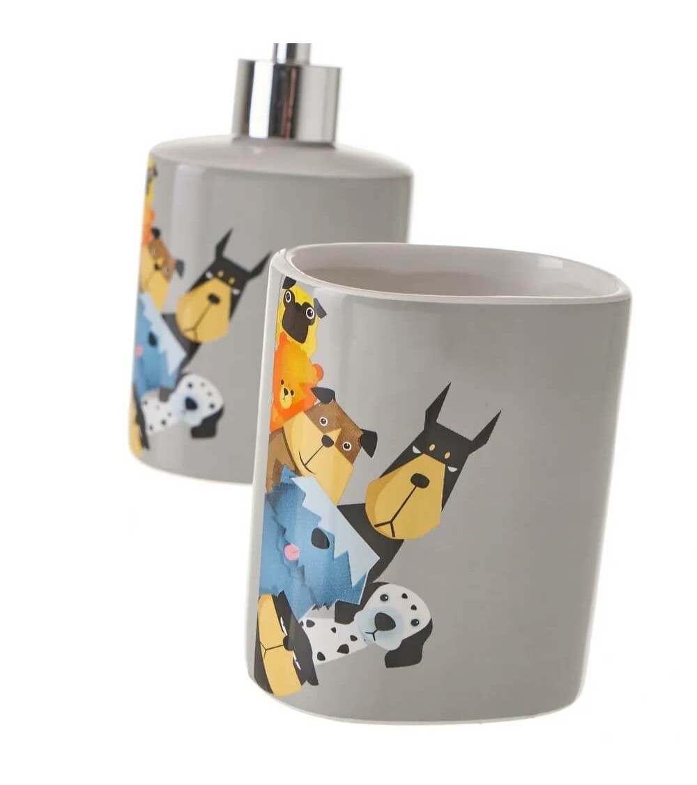 Dcasa Set De Dispensador Y Portacepillos De Cómic De Cerámica Gris