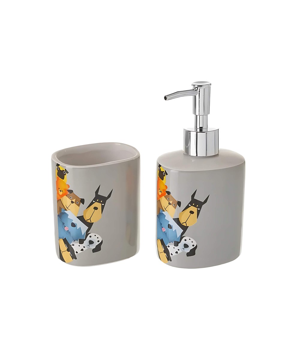 Dcasa Set de dispensador y portacepillos de cómic de cerámica gris