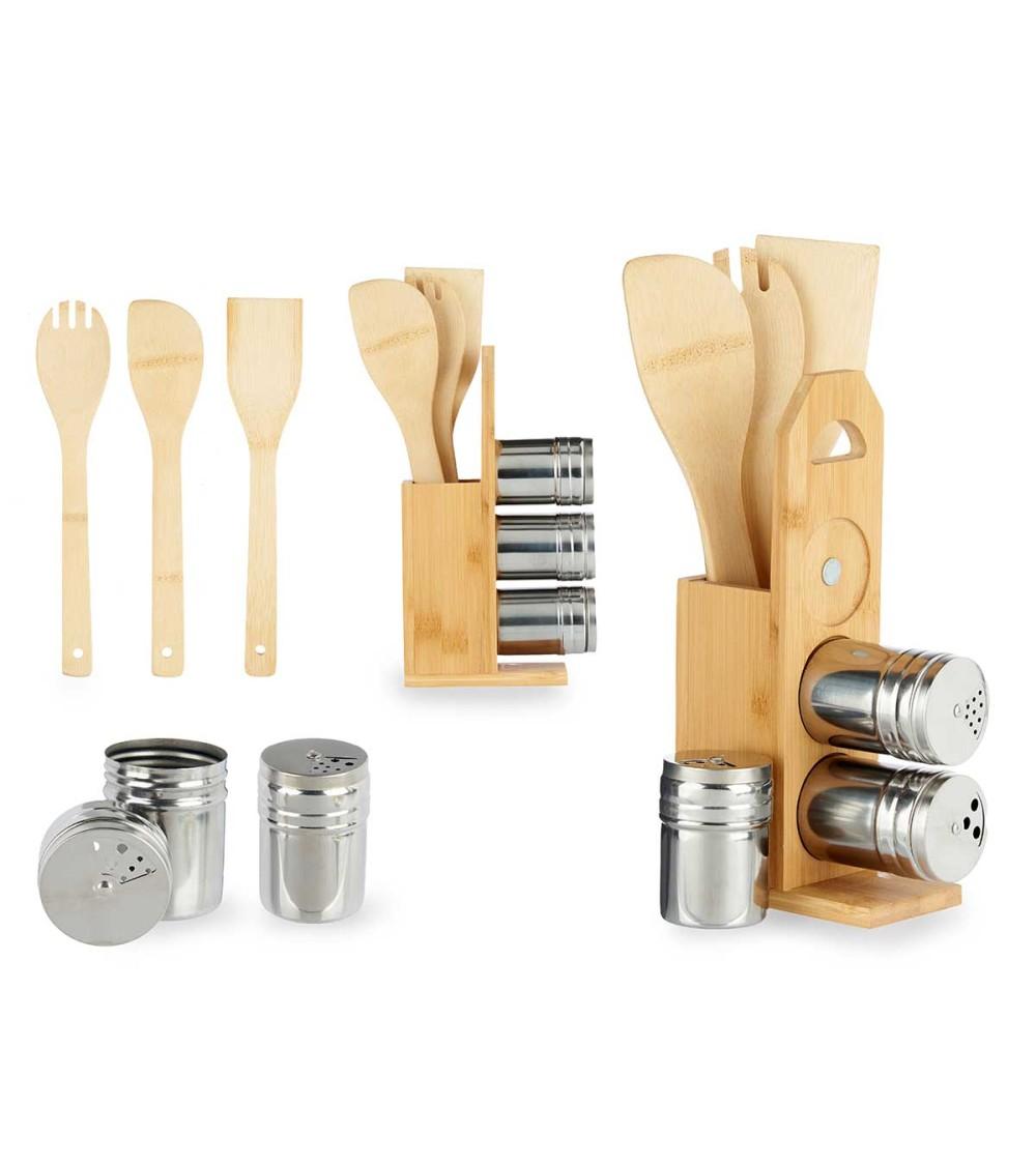 Dcasa Soporte Bambú Natural Con 6 Accesorios Para Cocina Palas Y Especieros