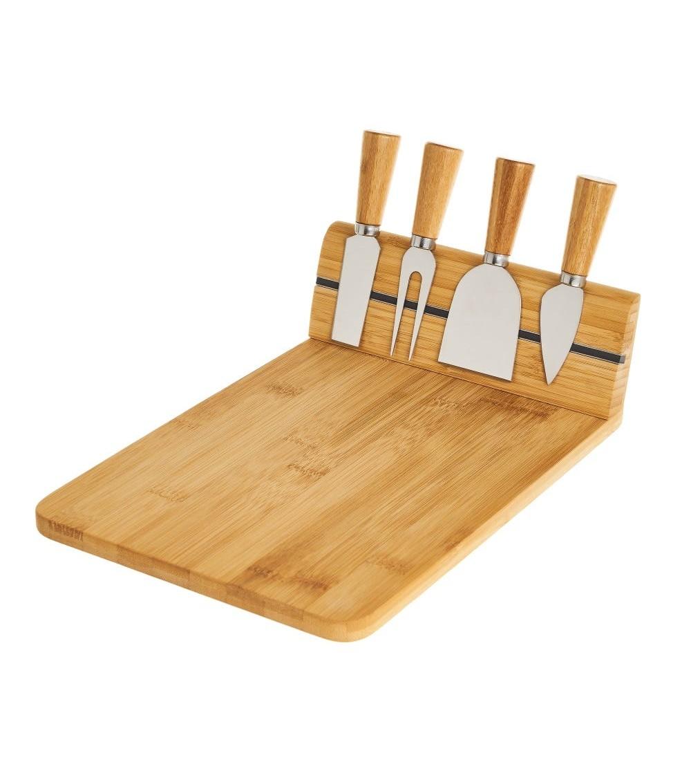 Dcasa Tabla para cortar y 4 cubiertos de queso de bambú natural de 30x20x8 cm