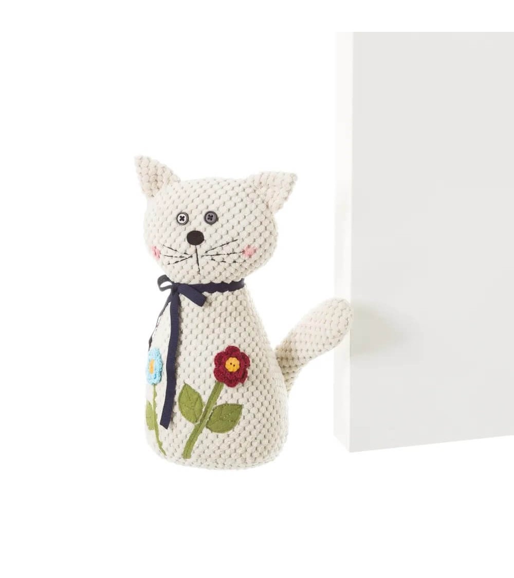 Dcasa Tope De Puerta Gato De Tela Y Gravilla Blanco De 18x13x27 Cm