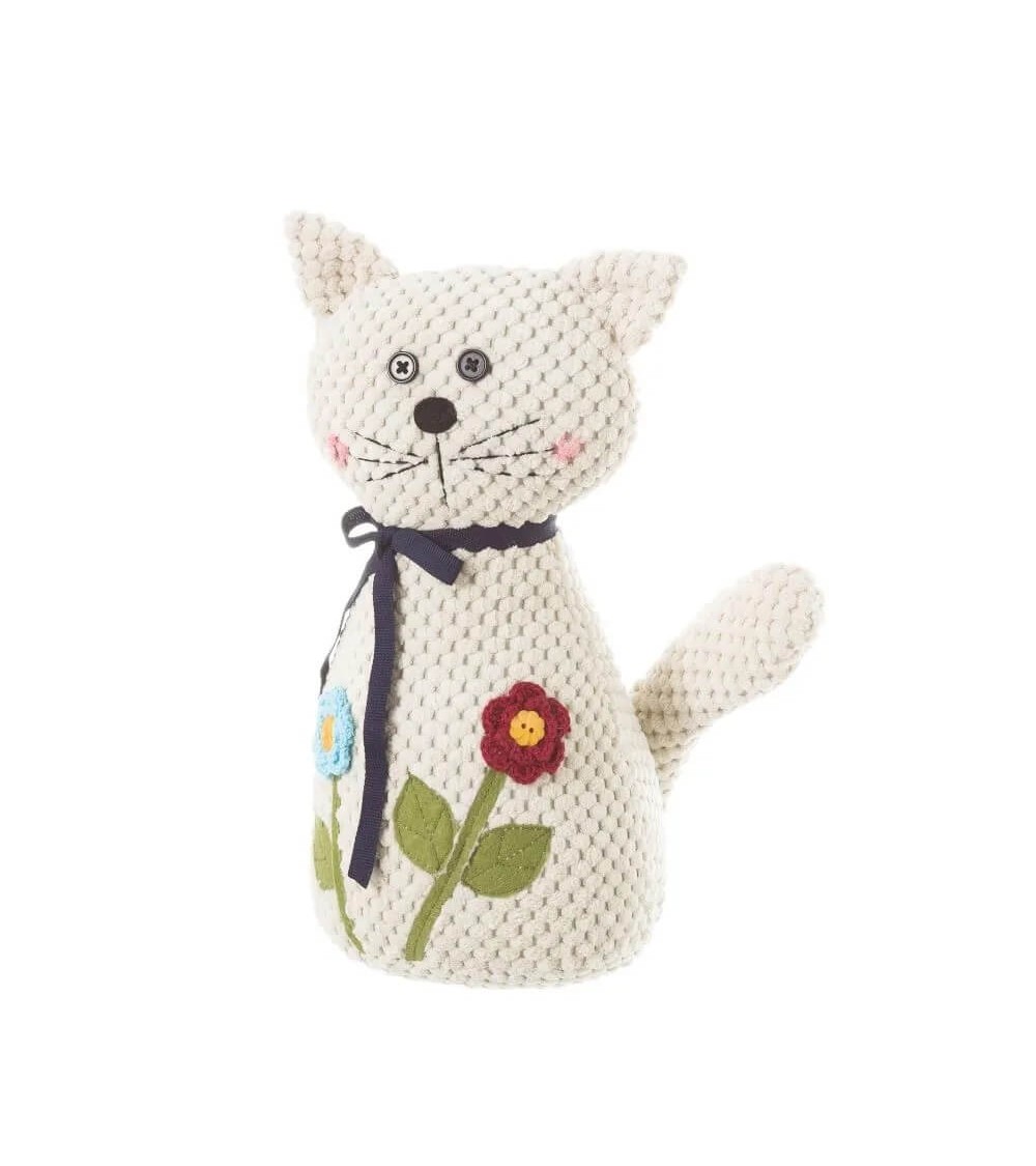 Dcasa Tope de puerta gato de tela y gravilla blanco de 18x13x27 cm