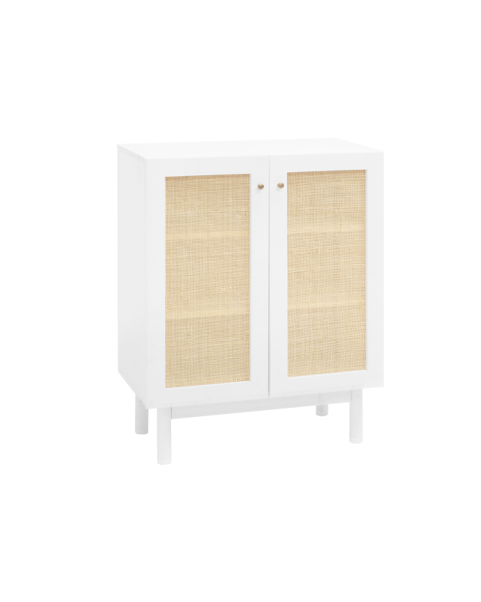 Deco wood Aparador de madera maciza y medula de ratán de 2 puertas en tono blanco de 100x80cm