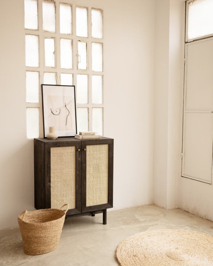 Deco Wood Aparador De Madera Maciza Y Medula De Ratán De 2 Puertas En Tono Negro De 100x80cm