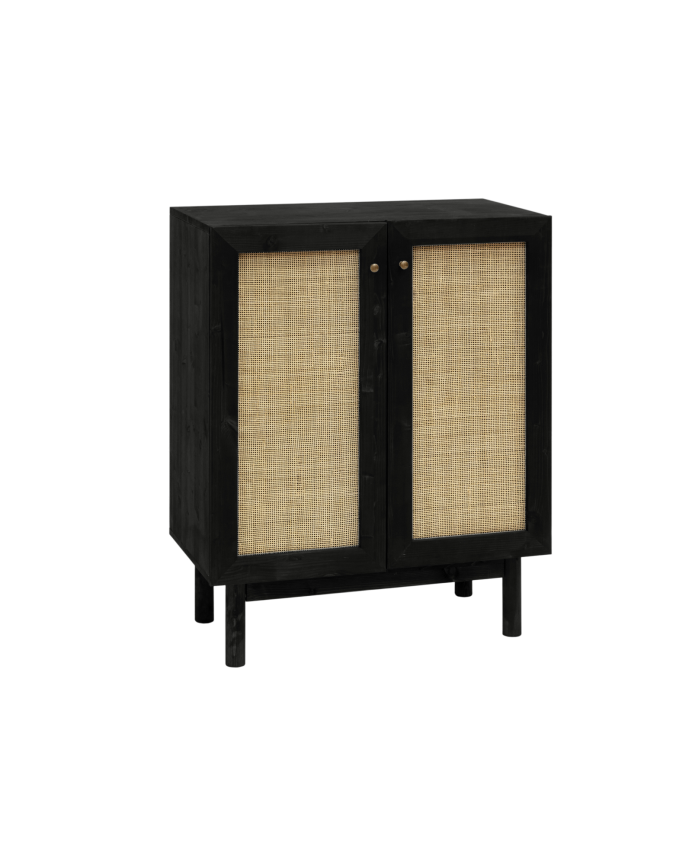 Deco wood Aparador de madera maciza y medula de ratán de 2 puertas en tono negro de 100x80cm