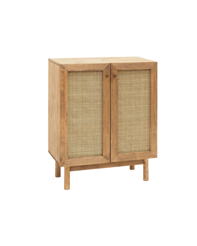 Deco wood Aparador de madera maciza y medula de ratán de 2 puertas en tono roble oscuro de 100x80cm