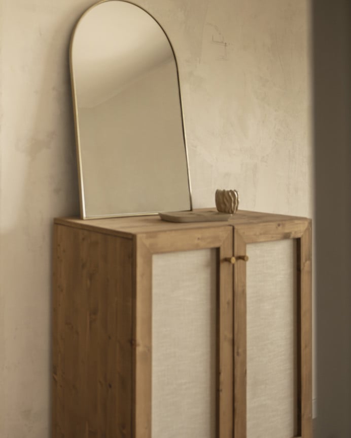 Deco Wood Aparador De Madera Maciza Y Tejido De Lino De 2 Puertas En Tono Roble Oscuro De 100x80cm