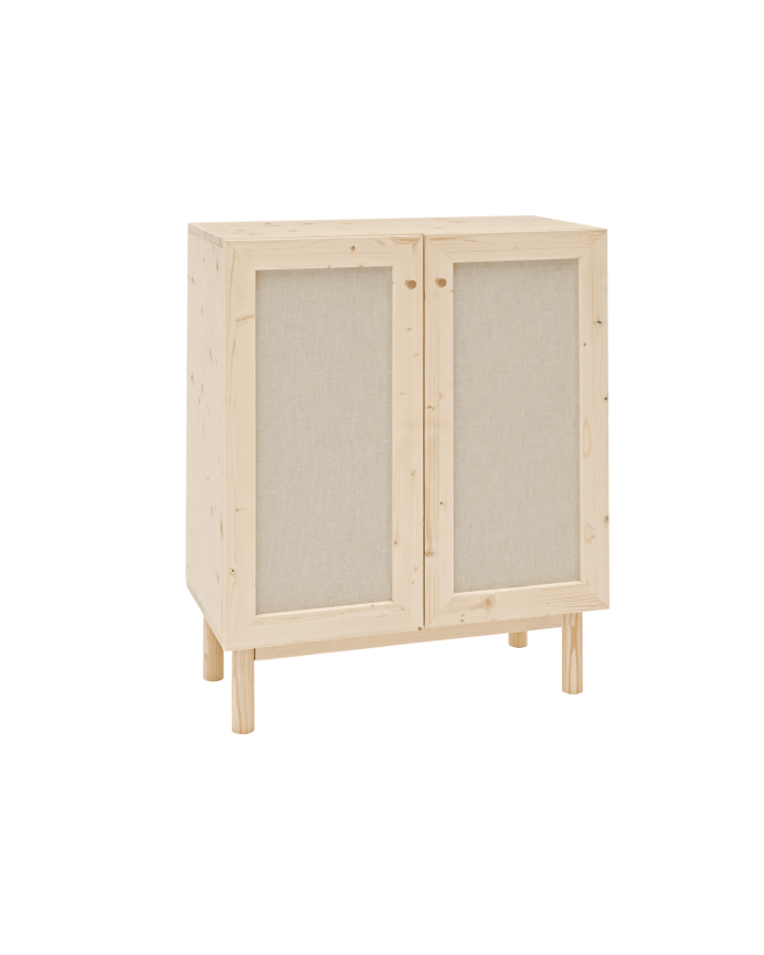 Deco wood Aparador de madera maciza y tejido de lino de 2 puertas en tono natural de 100x80cm